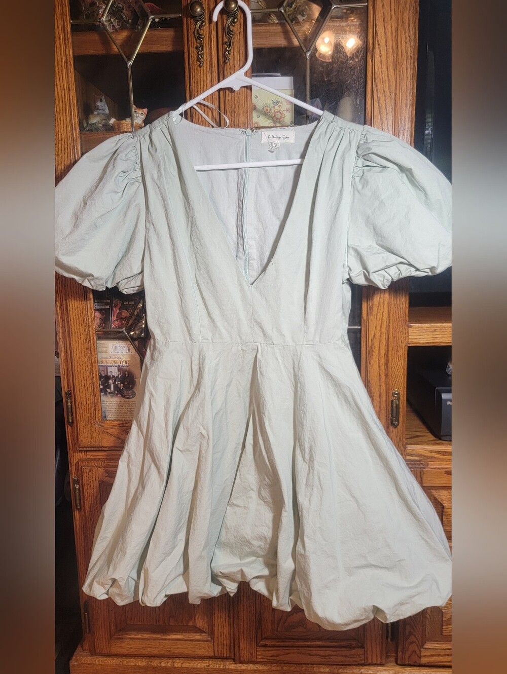 The Vintage Shop Pale Mint Balloon Puff-Sleeve V-Neck Mini Dress Size Medium